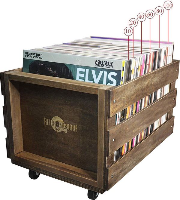 Hovedbilde Vinylkasse i Tre med Hjul for inntil 100 LP - Retro Musique